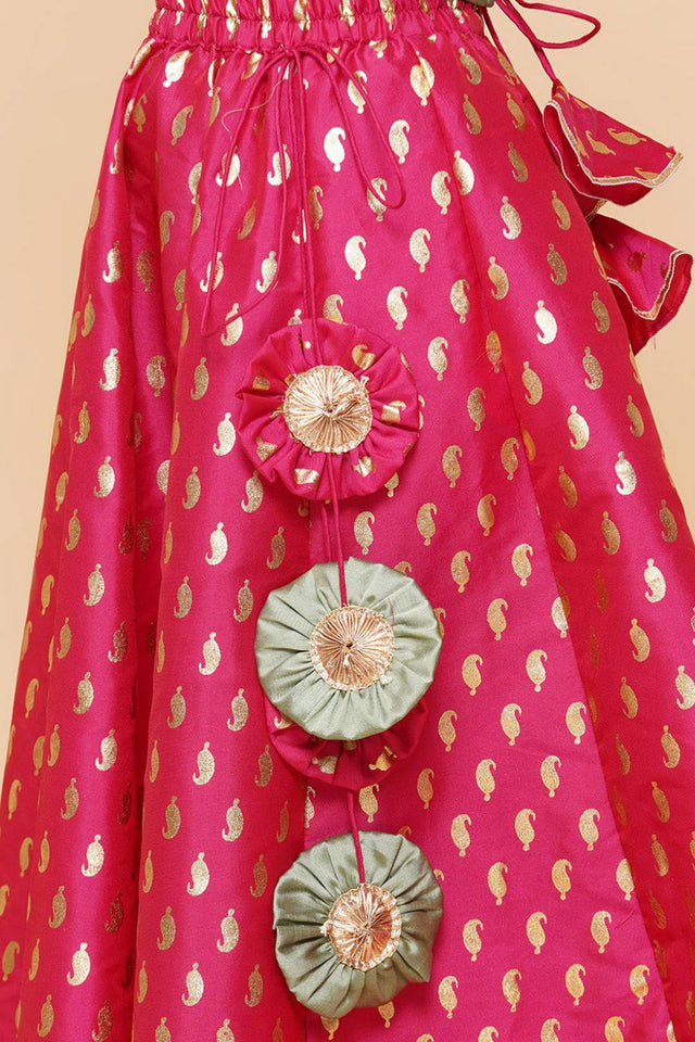 Girl's Pink Foil Printed Silk Lehenga