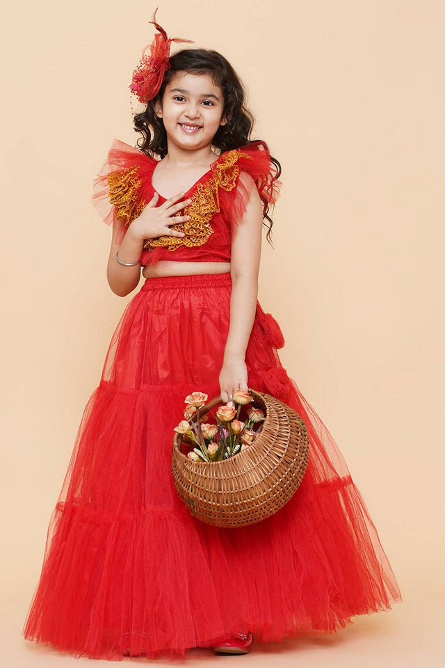 Girl's Red Embroidered Net Lehenga