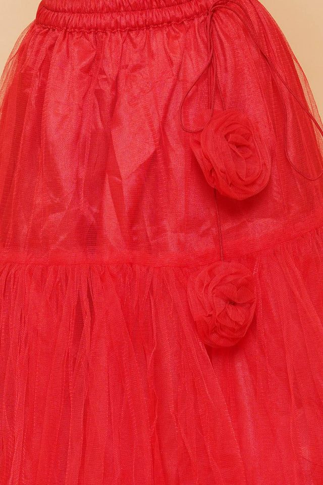 Girl's Red Embroidered Net Lehenga