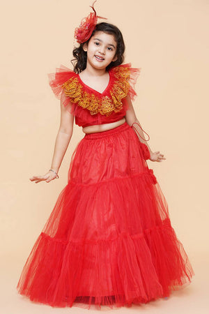Girl's Red Embroidered Net Lehenga