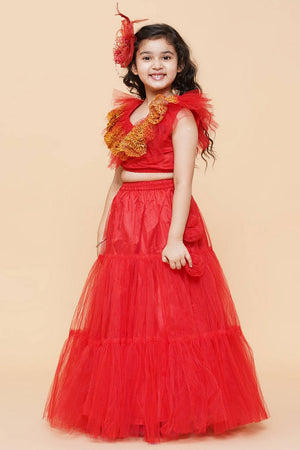 Girl's Red Embroidered Net Lehenga