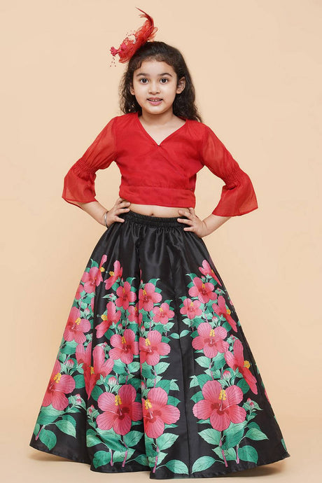 Girl's Black Floral Printed Silk Lehenga