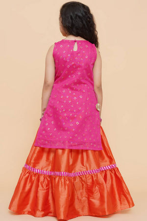 Girl's Orange Solid Silk Lehenga