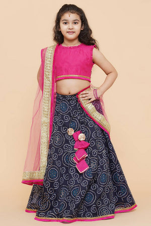 Girl's Navy Blue Bandhani Printed Silk Lehenga