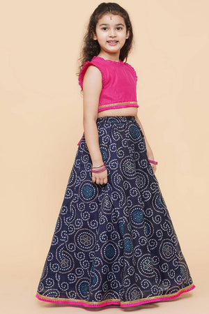Girl's Navy Blue Bandhani Printed Silk Lehenga