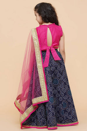 Girl's Navy Blue Bandhani Printed Silk Lehenga