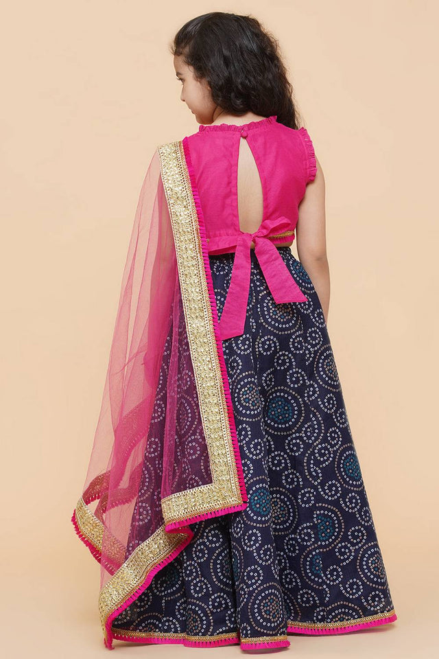 Girl's Navy Blue Bandhani Printed Silk Lehenga