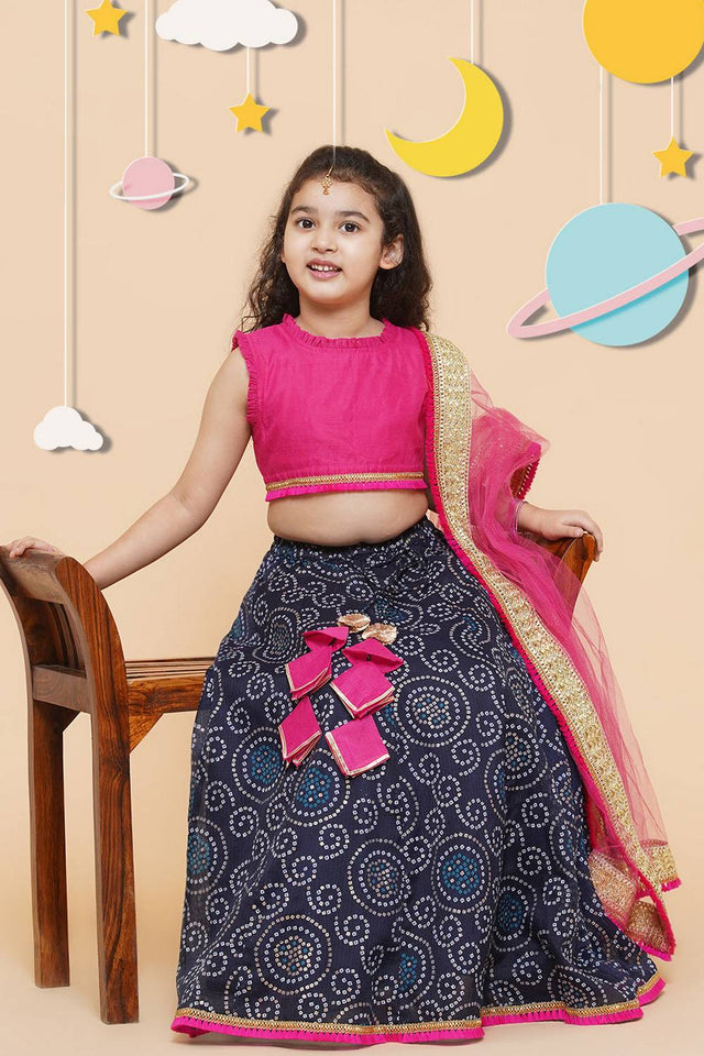 Girl's Navy Blue Bandhani Printed Silk Lehenga