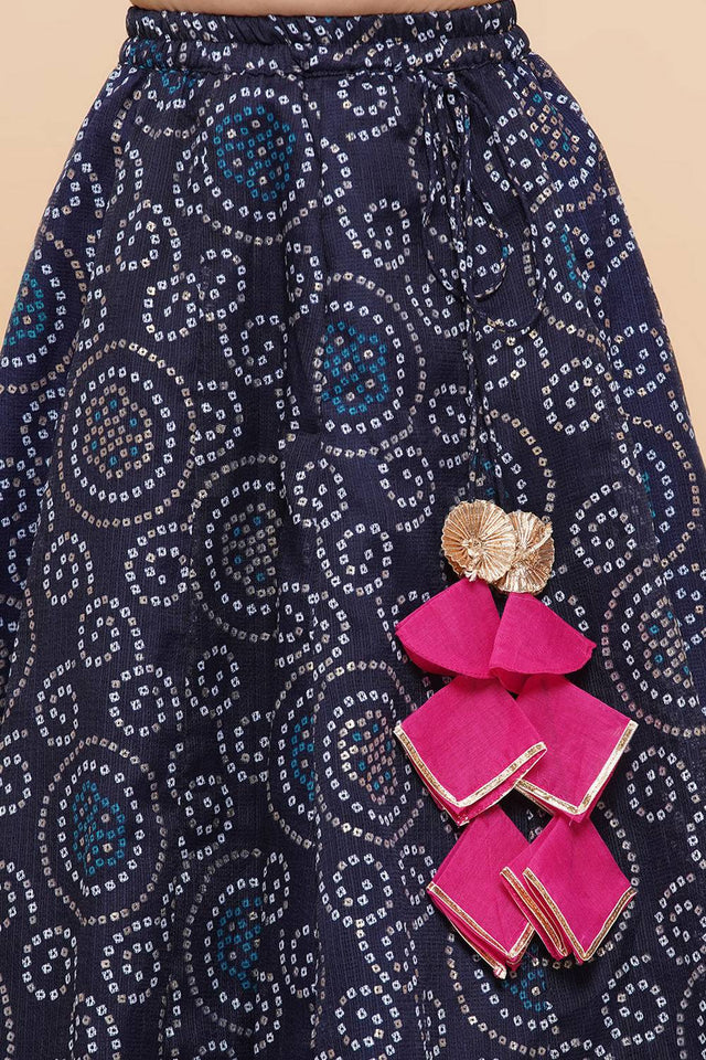 Girl's Navy Blue Bandhani Printed Silk Lehenga