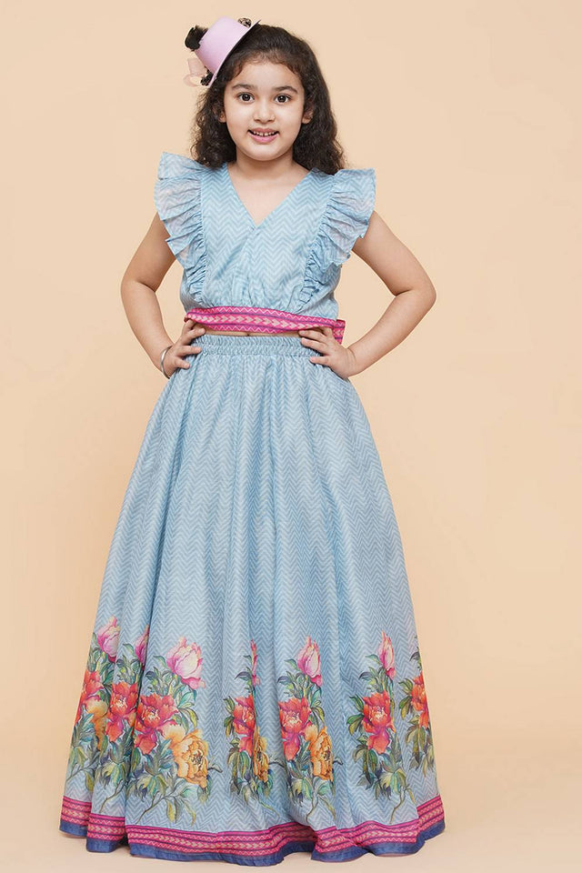 Girl's Blue Zig Zag Flower Digital Printed Silk Lehenga