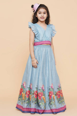 Girl's Blue Zig Zag Flower Digital Printed Silk Lehenga