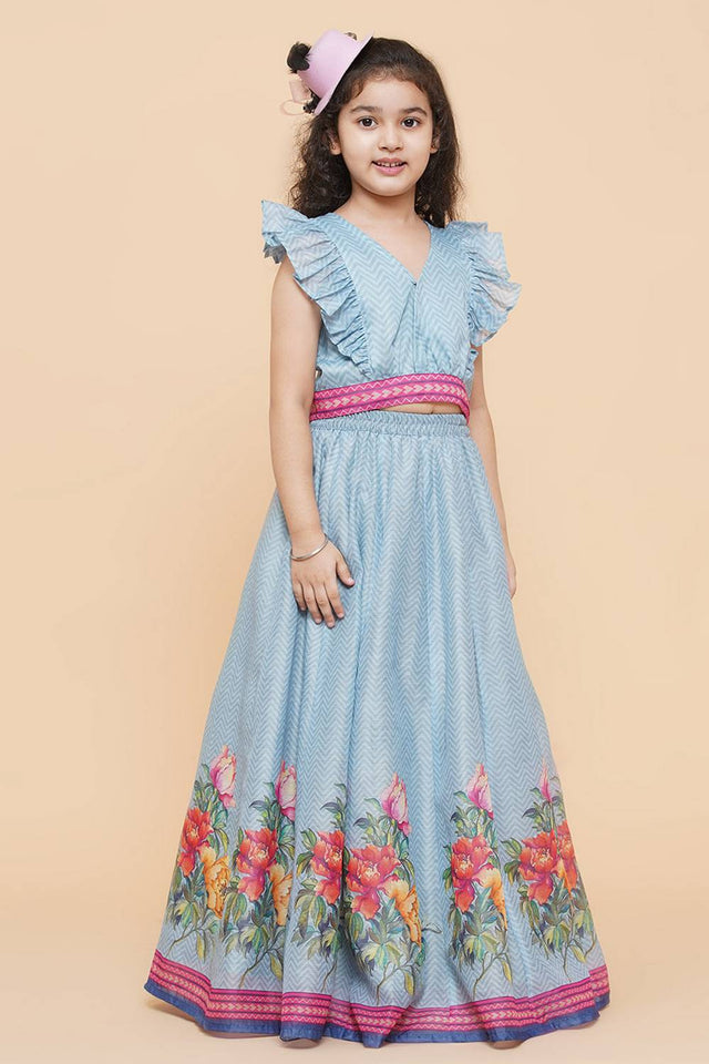Girl's Blue Zig Zag Flower Digital Printed Silk Lehenga