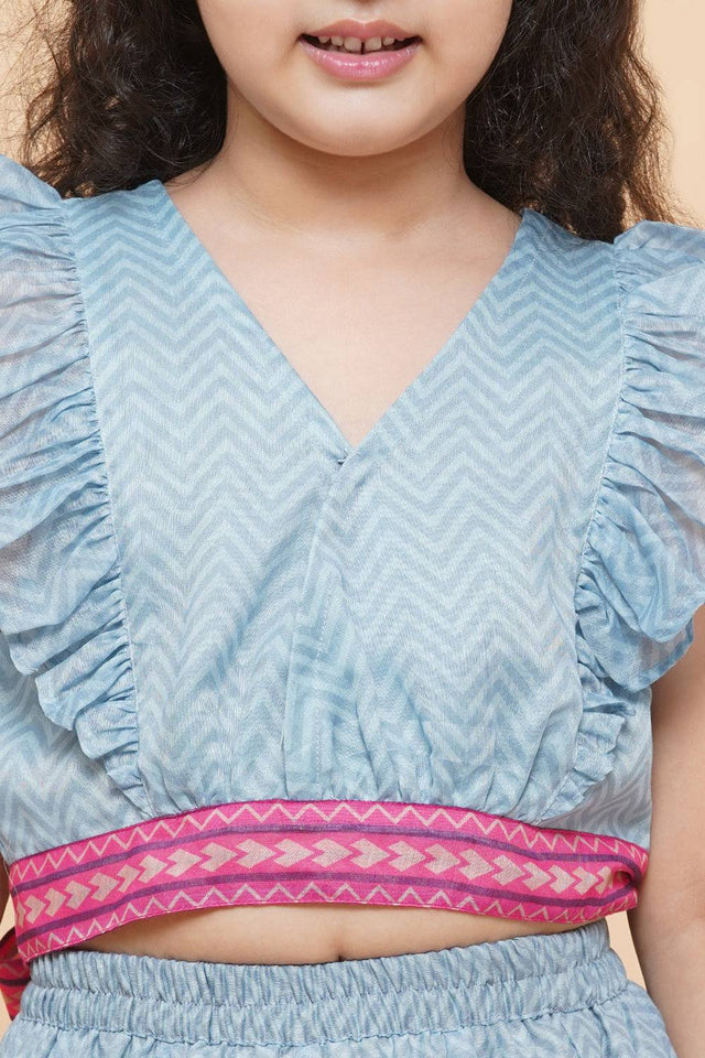 Girl's Blue Zig Zag Flower Digital Printed Silk Lehenga