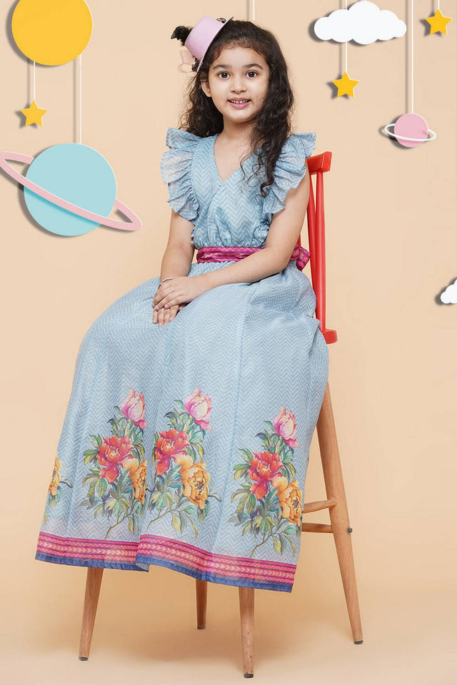 Girl's Blue Zig Zag Flower Digital Printed Silk Lehenga