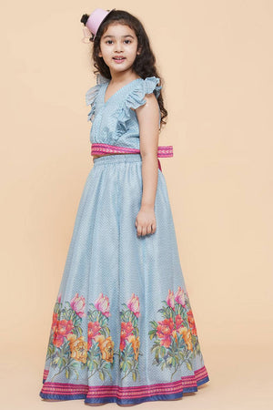 Girl's Blue Zig Zag Flower Digital Printed Silk Lehenga