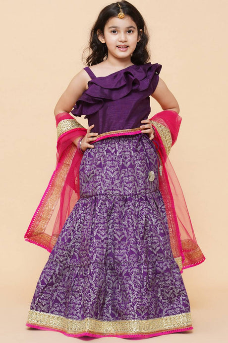 Girl's Violet Printed Silk Lehenga