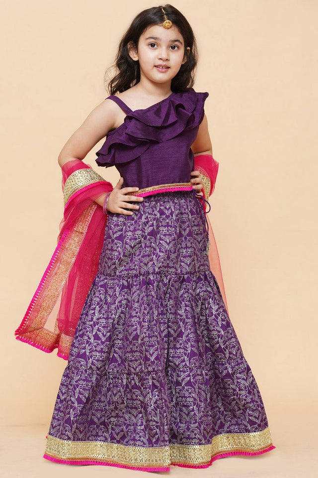 Girl's Violet Printed Silk Lehenga