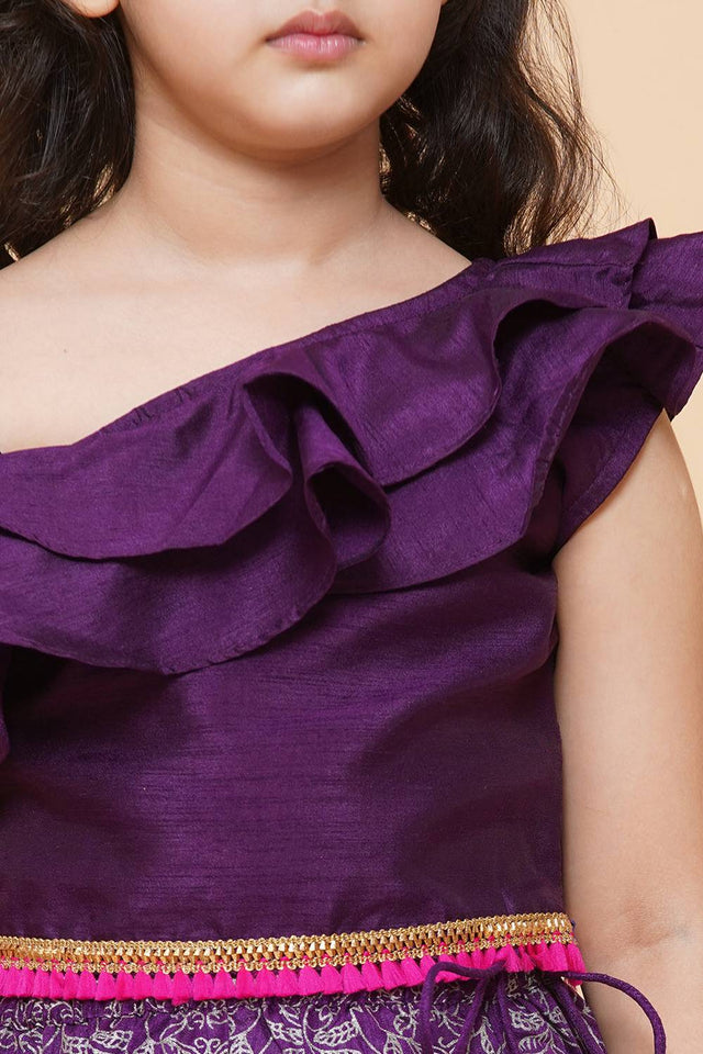 Girl's Violet Printed Silk Lehenga