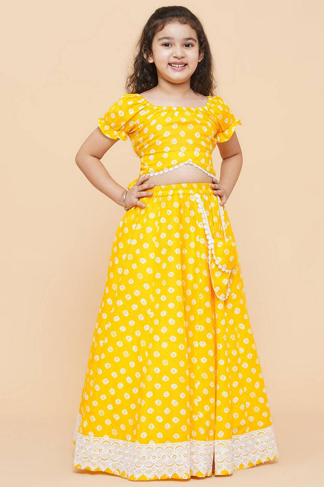 Girl's Yellow Printed Cotton Lehenga