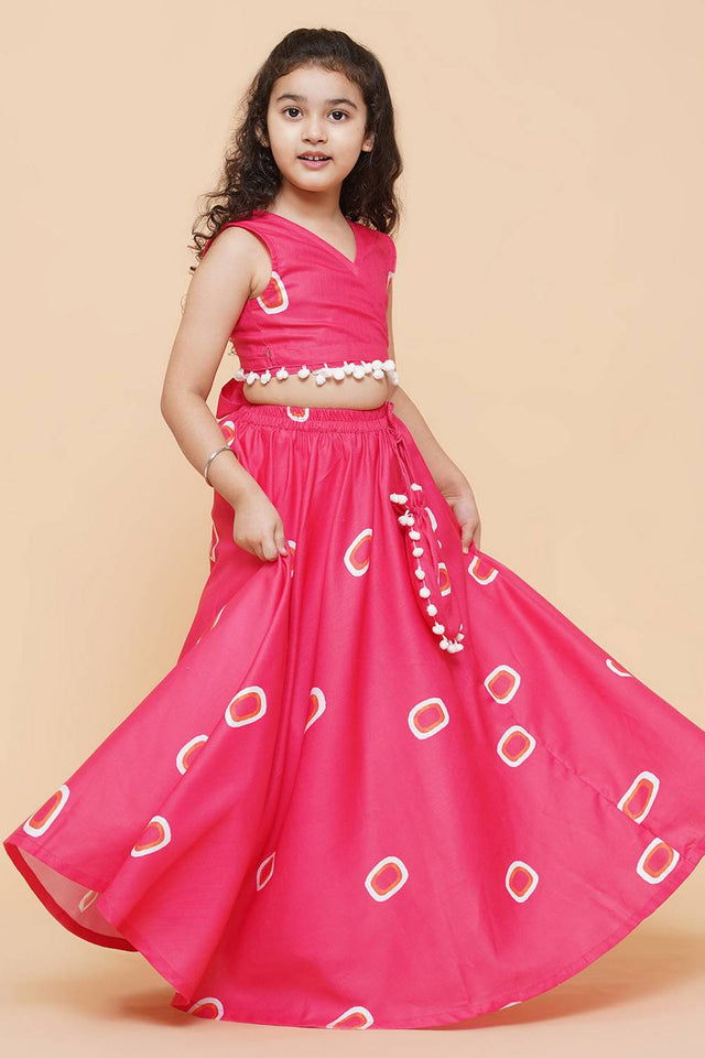 Girl's Pink Gometric Printed Cotton Lehenga