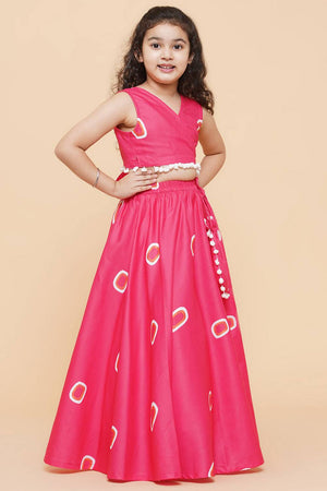 Girl's Pink Gometric Printed Cotton Lehenga