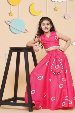 Girl's Pink Gometric Printed Cotton Lehenga