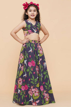 Girl's Blue Floral Printed Georgette Lehenga