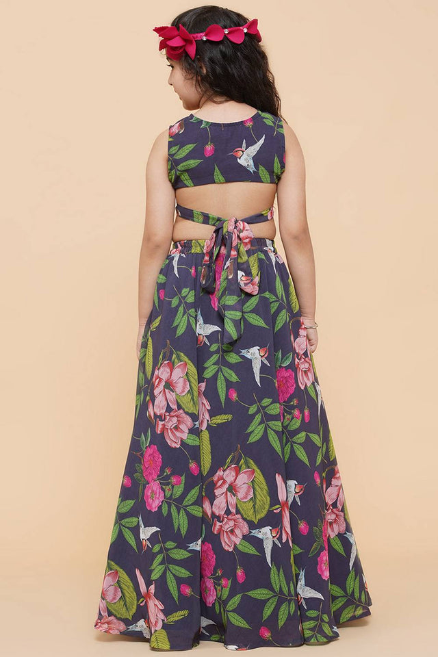 Girl's Blue Floral Printed Georgette Lehenga