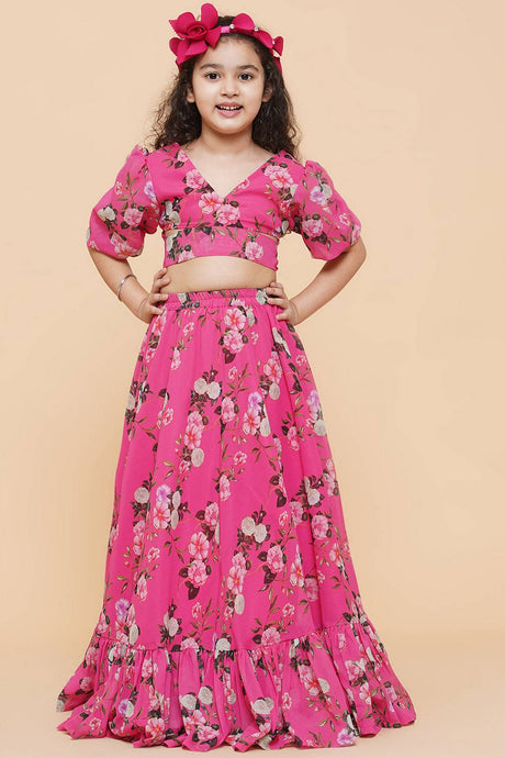 Girl's Pink Floral Printed Georgette Lehenga