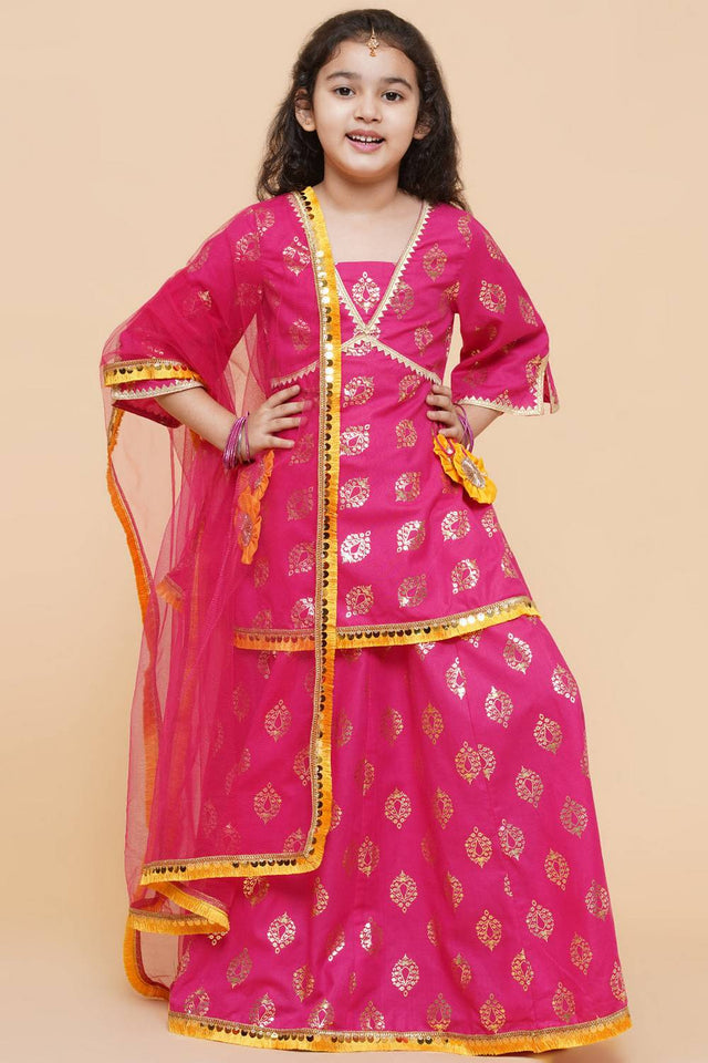 Girl's Pink Foil Printed Cotton Lehenga