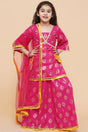 Girl's Pink Foil Printed Cotton Lehenga
