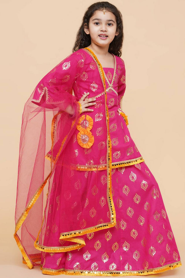 Girl's Pink Foil Printed Cotton Lehenga