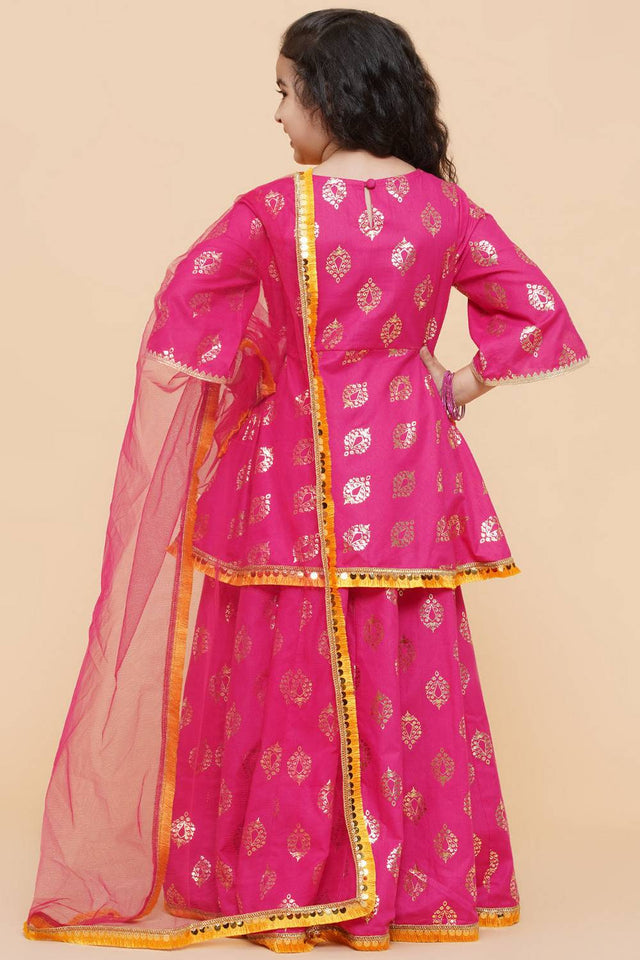 Girl's Pink Foil Printed Cotton Lehenga