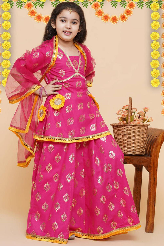 Girl's Pink Foil Printed Cotton Lehenga