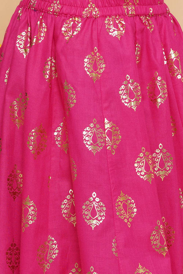 Girl's Pink Foil Printed Cotton Lehenga