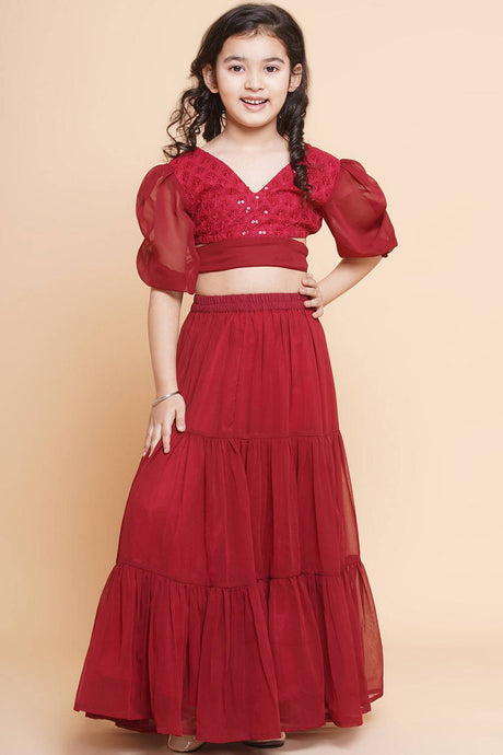 Girl's Maroon Solid Georgette Lehenga