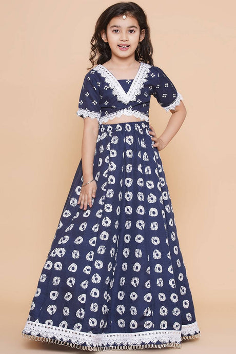 Girl's Blue Bandhani Printed Cotton Lehenga