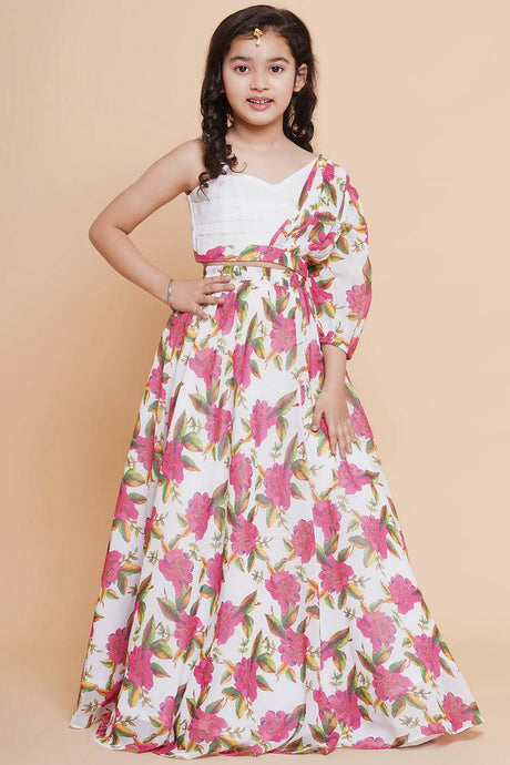Girl's White Floral Printed Georgette Lehenga