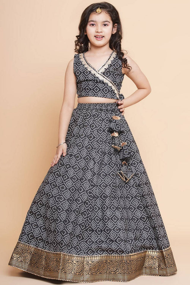 Girl's Black Bandhani Printed Cotton Lehenga
