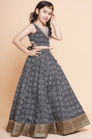 Girl's Black Bandhani Printed Cotton Lehenga