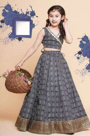 Girl's Black Bandhani Printed Cotton Lehenga