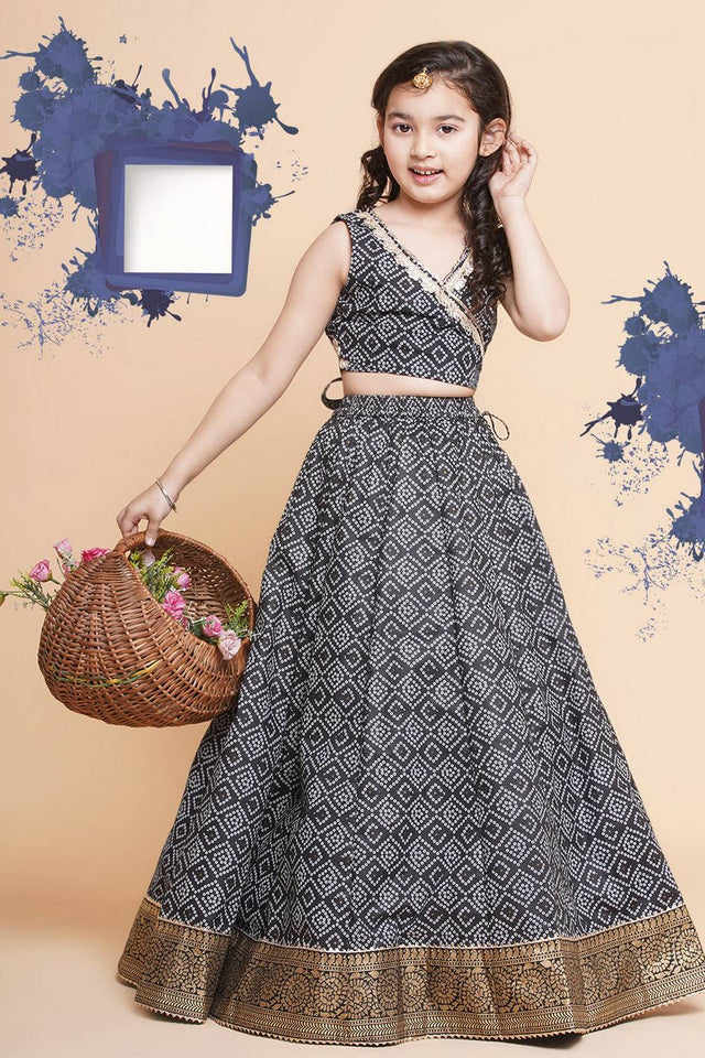 Girl's Black Bandhani Printed Cotton Lehenga