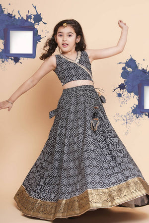 Girl's Black Bandhani Printed Cotton Lehenga