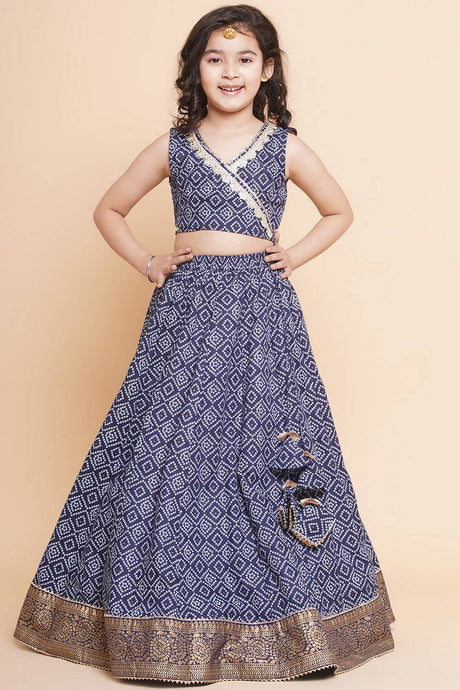 Girl's Blue Bandhani Printed Cotton Lehenga