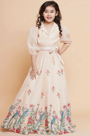 Girl's Beige Floral Printed Silk Lehenga