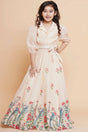 Girl's Beige Floral Printed Silk Lehenga