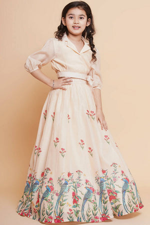 Girl's Beige Floral Printed Silk Lehenga