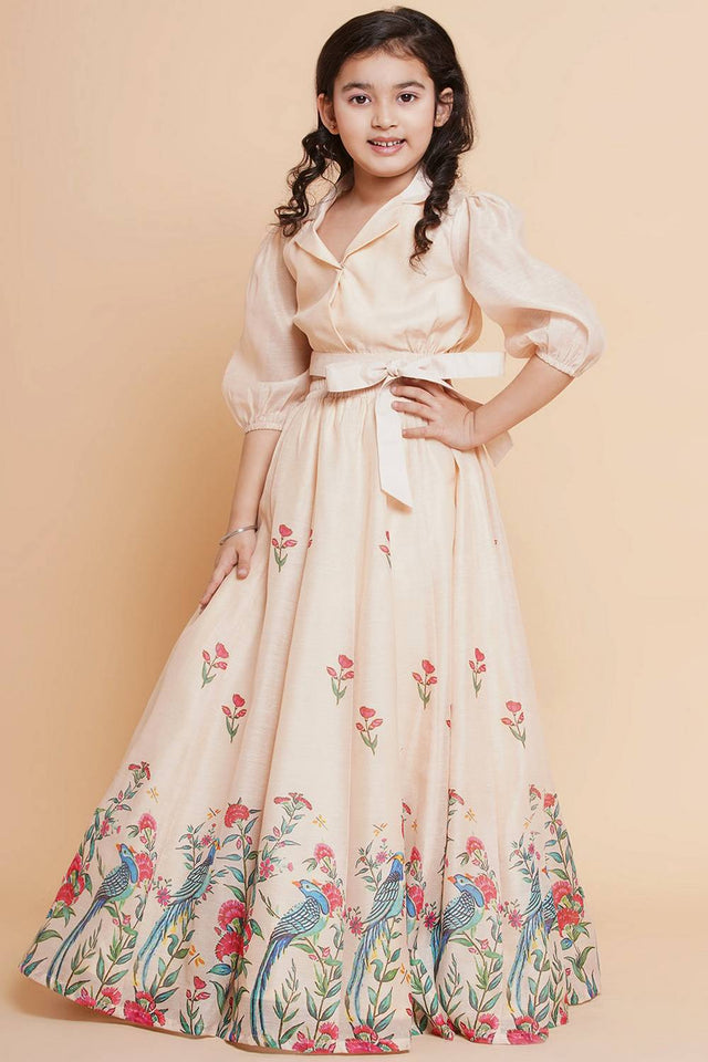 Girl's Beige Floral Printed Silk Lehenga