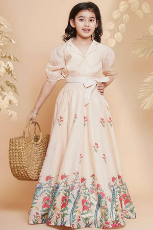 Girl's Beige Floral Printed Silk Lehenga