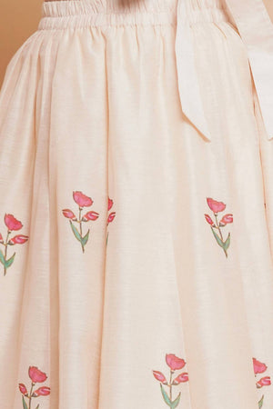 Girl's Beige Floral Printed Silk Lehenga